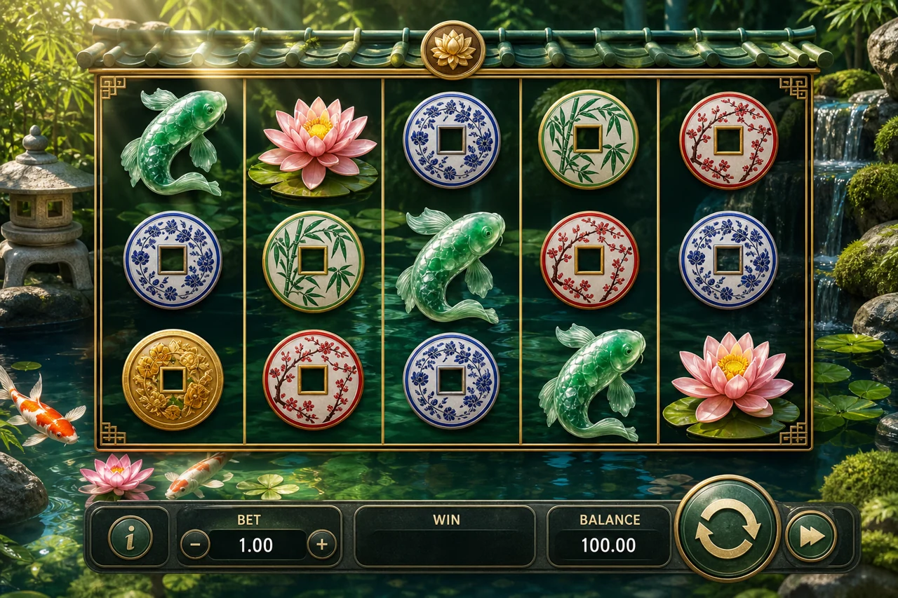 A lush koi-pond video slot with jade fish, lotus flowers and Japanese ceramic coin symbols across five reels, sunlight and green reflections, premium realistic game art