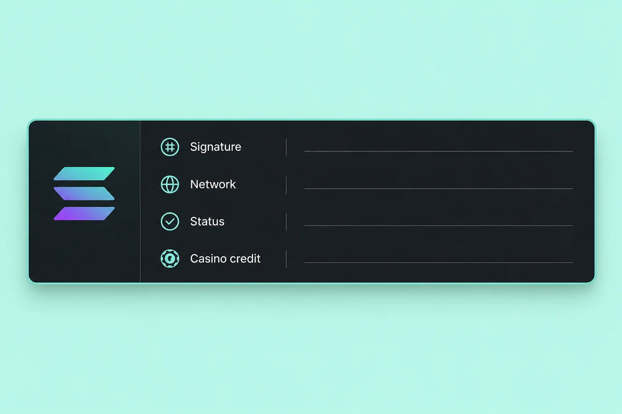 Solana transaction detail card in mint and charcoal, authentic Solana mark, fields "Signature", "Network", "Status", "Casino credit" with values blank
