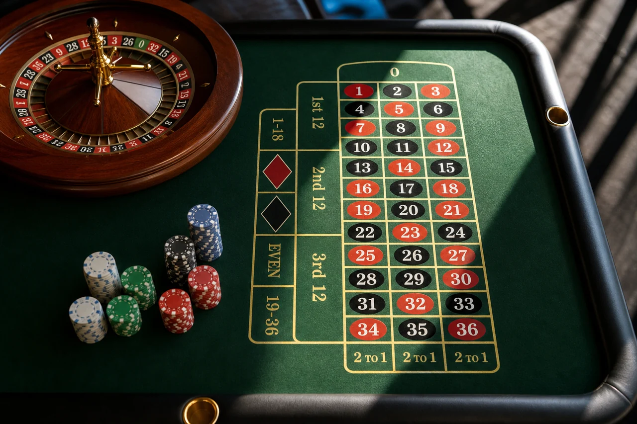 Realistic green felt roulette layout, small tidy chip stacks and wheel in shallow focus, sunlit modern casino lighting, top-down composition