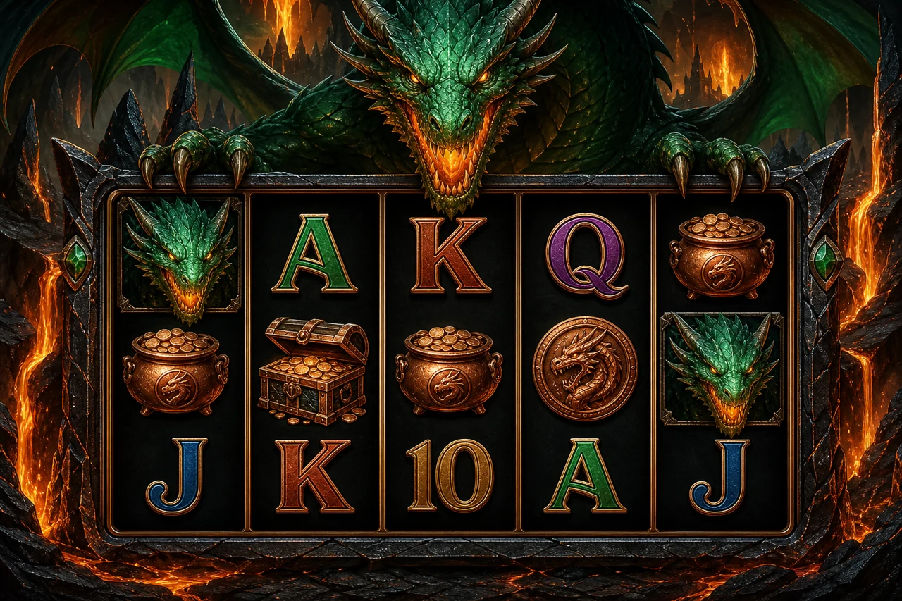 Five-reel volcanic dragon slot, emerald scales and copper treasure symbols, black basalt lair, dramatic green-orange lighting, physical crisp reel boundaries